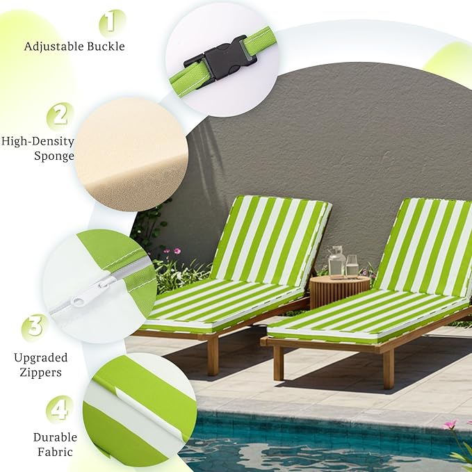 Chaise Lounge Cushions Outdoor Set of 2, 71"x22"x3" Patio Lounge Chair Furniture Cushions with Washable Covers for Pool, Patio, Lawn (Green+White Stripes, 2 Pcs)