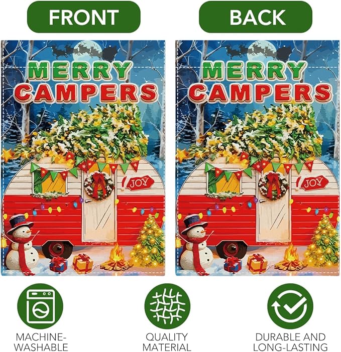 Merry Campers Christmas Garden Flag Xmas Winter Holiday Outside Outdoor Lawn Decorations Yard Flag Double Sided 12x18 Inch