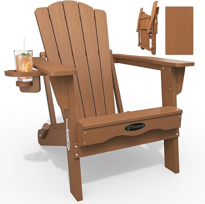 Folding Adirondack Chair,HDPE All-Weather Outdoor Chair with Cup Holder,Wooden Textured,Fire Pit Chair,Plastic Patio Chair for Deck,Backyard,Garden,Lawn(Wood)
