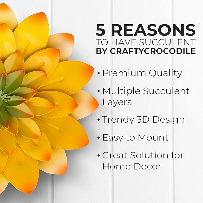 Everydecor Succulent Metal Flowers Wall Decor – Yellow, Hand Painted, 3D Flower Art Decoration for Living Room, Bedroom, Kitchen, Bathroom - Floral Decor for Indoor & Outdoor Use