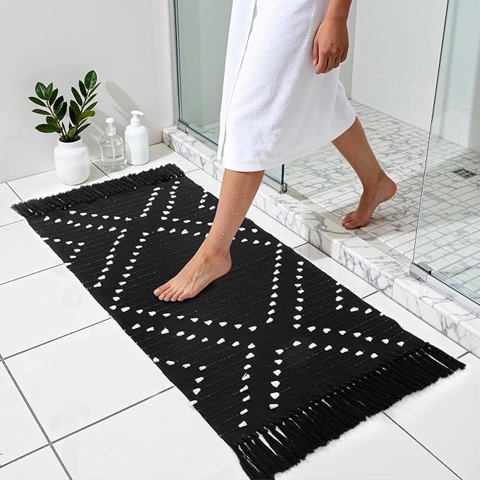LIVEBOX Boho Black Kitchen Rug Non Slip, Washable Bathroom Runner Rug and Pad Gripper, Laundry Room Cotton Blend Woven Carpet Mat with Tassels (Set of Black Rug + Non Slip Pad, 2' x 4.3')