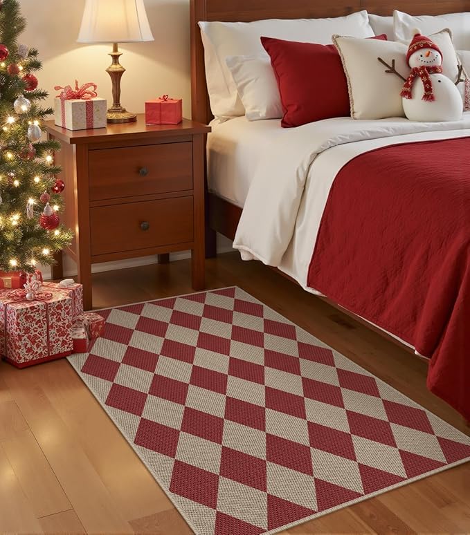 Easy Jute Checkered Christmas Rug, 2x3 Modern Red Xmas Indoor Outdoor Doormat, Washable Non-Slip Neutral Small Kitchen Rug Farmhouse Diamond Throw Rugs for Entrance Bedroom Bathroom