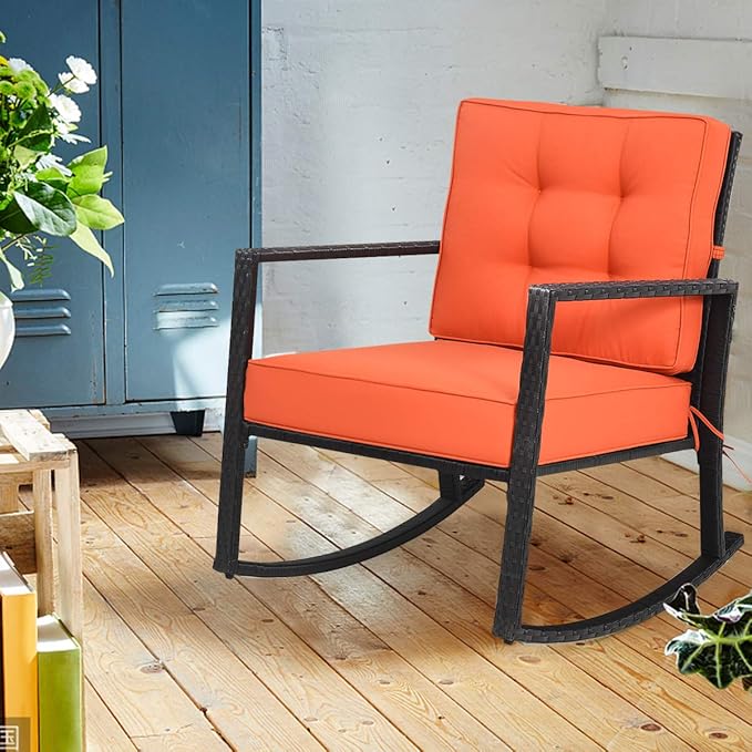 Tangkula Wicker Rocking Chair, Outdoor Rattan Rocker Chair with Heavy-Duty Steel Frame, Patio Furniture Seat with 5” Thick Cushion for Garden, Porch, Backyard, Poolside (1, Orange)