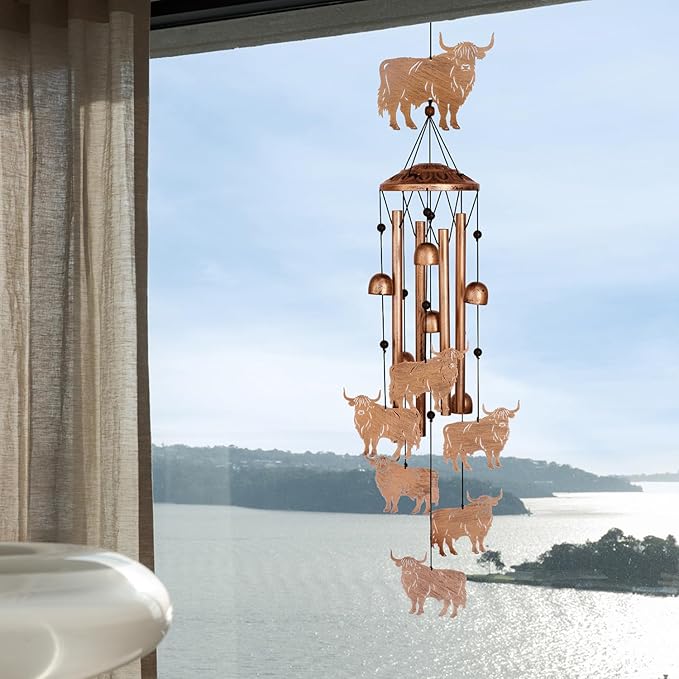 Highland Cow Wind Chimes for Outside, Metal Windchimes Outdoors, Highland Cow Gifts for Women/Men, Memorial/Birthday Gifts, Garden Decor for Outside, Patio or Yard, Durable Chimes for Outdoors