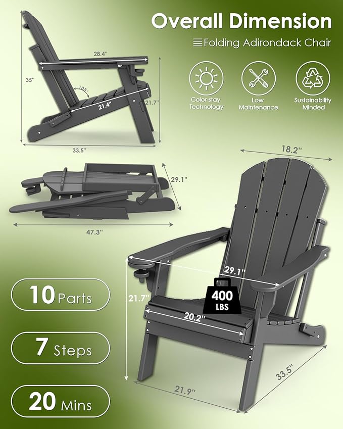 GREENVINES Folding-Adirondack-Chair | HDPE Plastic | Fire Pit Chairs | All Weather | Cup Holder | Grey | for Deck Backyard Patio Outdoor Garden