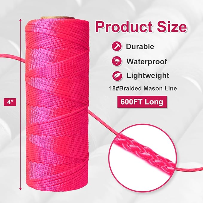 Mason Line String Line,600 Ft Length Nylon Twine,18 Braided Nylon String for Gardening Or Masonry Tools,Twine String for Gardening,Pink