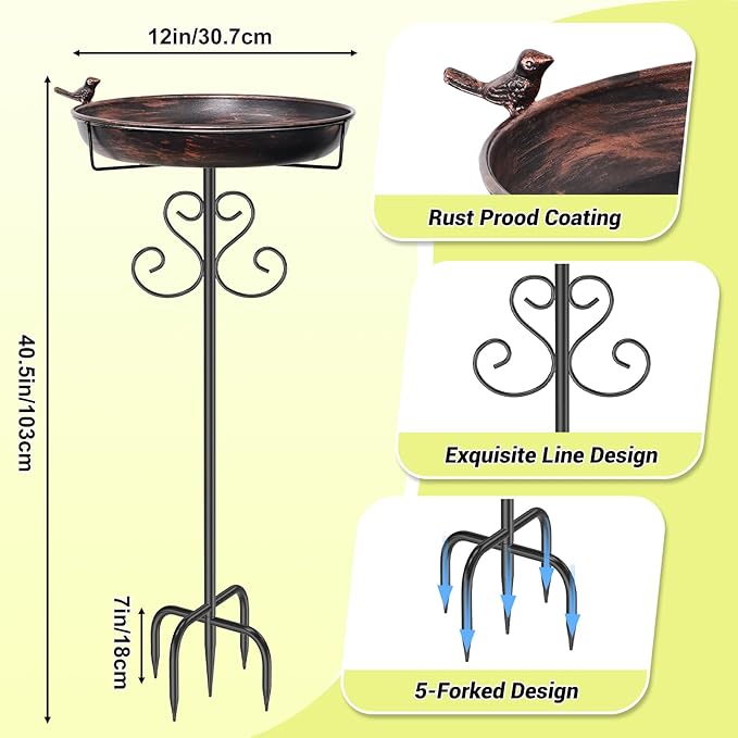 Metal Bird Bath for Outside, 40 Inch Tall Vintage Freestanding Birdbaths Bowl with Bird Statue, Sturdy 5-Pronged Base Birdfeeder for Outdoors Garden Patio Yard Lawn Decor (Vintage Bronze)