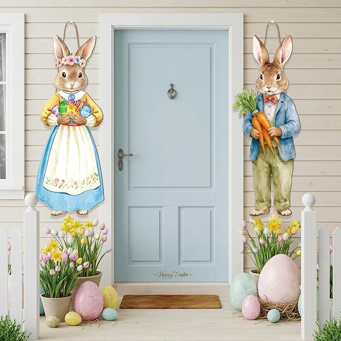 Thyle 2 Pcs Large Easter Bunny Hanging Sign 32.3 x 12.2 Inch Easter Wooden Front Door Decorations Rabbit Egg Carrot Hanger Porch Sign for Spring Outdoor Indoor Home Wall Decor