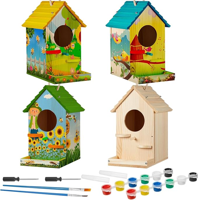 Liliful 4 Pack Birdhouse Kit DIY Wooden Bird House with Paint and Paintbrushes Arts and Crafts Painting Kits for Boys Girls Adults Build Paint Classroom Birthday Indoor Outdoor Craft