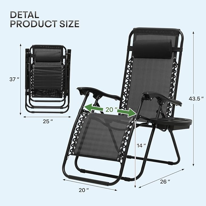 Athena Collection Zero Gravity Chair, Outdoor Lounge Chair with Adjustable Pillow and Cup Holder, Reclining Camping Chair for Outside Beach Lawn Garden Patio Poolside Set of 2 - Black