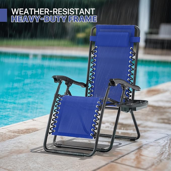 Magshion Zero Gravity Lounge Chair, Adjustable Folding Recliner with Cup Holder Side Tray & Removable Headrest Pillow, Portable Outdoor Patio Lounger for Camping, Beach, Lawn, Backyard, Blue