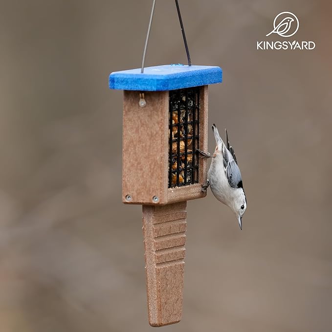 Kingsyard Recycled Plastic Suet Bird Feeder, Tail Prop Suet Feeder for Outside Hanging, Sturdy & Durable, Great for Woodpecker & Clinging Birds, Blue