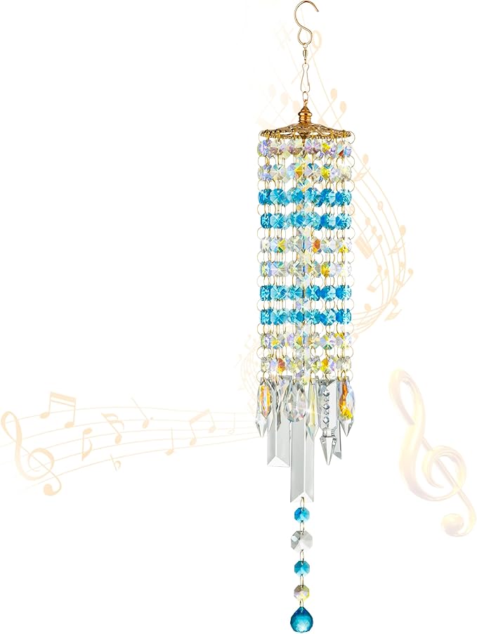 Crystal Wind Chimes for Outside with Rainbow Light Reflections Glass Bells and Rose Gold Alloy Hooks Indoor Outdoor Decor for Home Garden Patio Porch Birthday House Warming (Sky Blue)