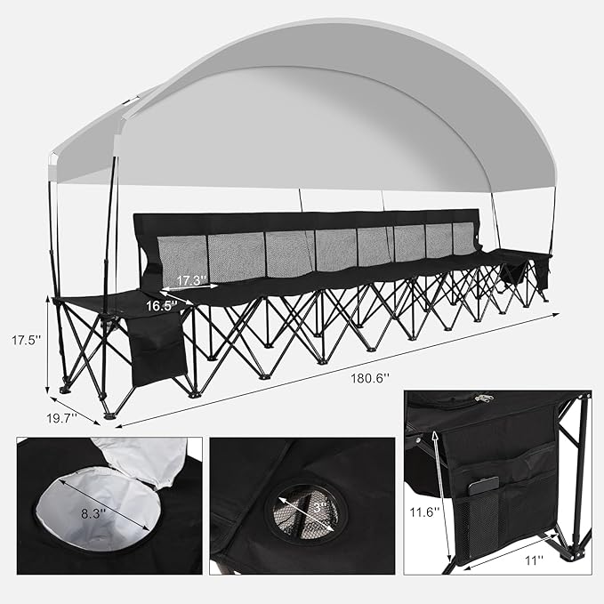 G GOOD GAIN Portable Soccer Bench with Canopy - Team Bench Soccer 8 Seats with Bag, Sideline Folding Bench, Folded Chair Seating 8 for Football Camp Outdoor Sport Events, Team Chairs for Adults, Black
