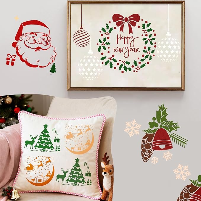 12Pc Christmas Stencils for Painting On Wood, Christmas Stencils for Crafts Reusable, Xmas Decorations Drawing DIY Art Craft Home Decor Wall, Windows, Deer Snowflakes Pinecones Decor(Christmas A)
