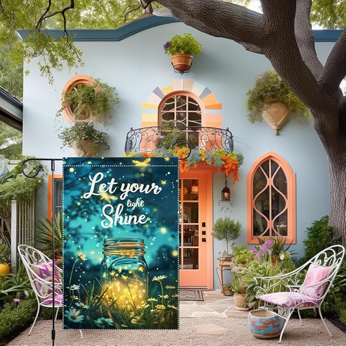 Let Your Light Shine Garden Flag 12x18 Inch Double Sided Small Burlap Summer Outdoor Yard Decor Fireflies Mason Jar Flowers Patio Lawn Porch Decorations