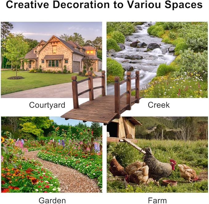 VINGLI 5 ft Garden Bridge, Classic Wooden Arch with Safety Rails Stained Finished Footbridge, Decorative Pond Landscaping, Backyard, Creek or Farm