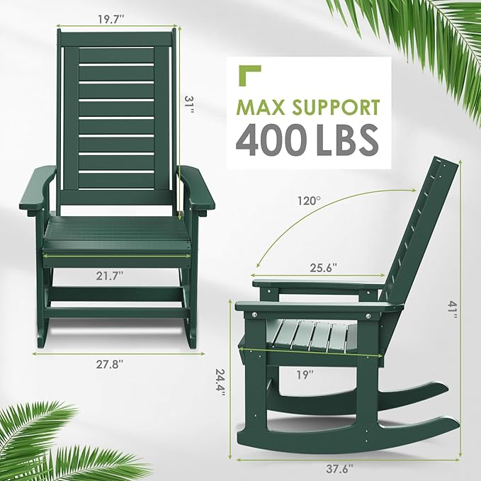 GREENVINES Outdoor Rocking Chairs | Porch Rocker | HDPE Plastic | Forest | Oversized Rockers | High Back | Big & Tall | Ladder Back | for Patio Outside Backyard Balcony Garden