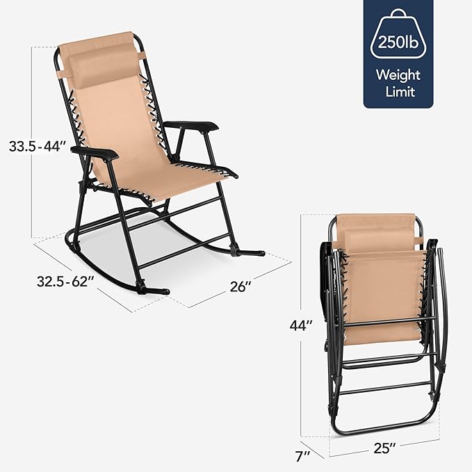 Best Choice Products Outdoor Folding Rocking Chair, Zero Gravity Lounge Chair, Patio Rocker w/Headrest Pillow - Beige