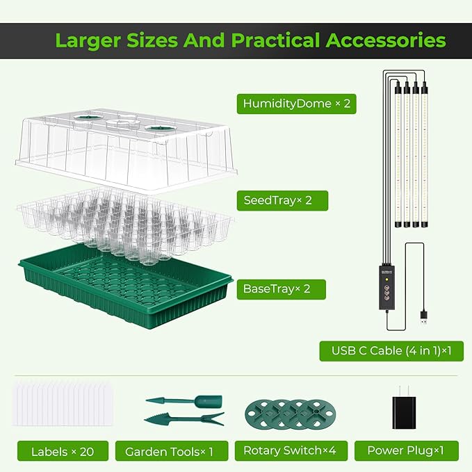 120 Cells Seed Starter Tray with Grow Light, Smart Timer， Seedling Starter Kit with Humidtiy Dome, 3/6/12H Timer，Germination Kit For all plants including cucumbers, tomatoes etc.Plant Seed（2Pack ）