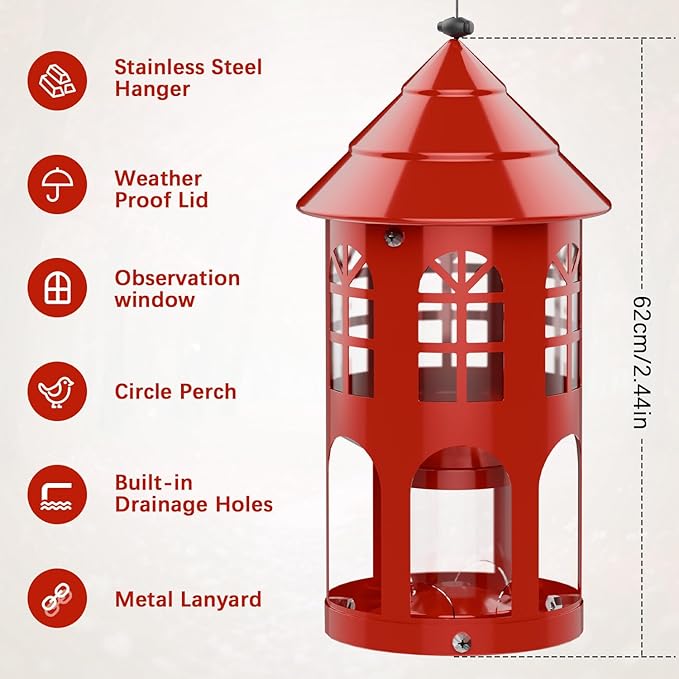 Metal Bird Feeder for Outdoor Hanging, Large Capacity Wild Bird Feeder with Weatherproof Roof & Squirrel-Proof Design, Easy to Fill & Clean, Ideal for Cardinals, Finches, and Blue Jays