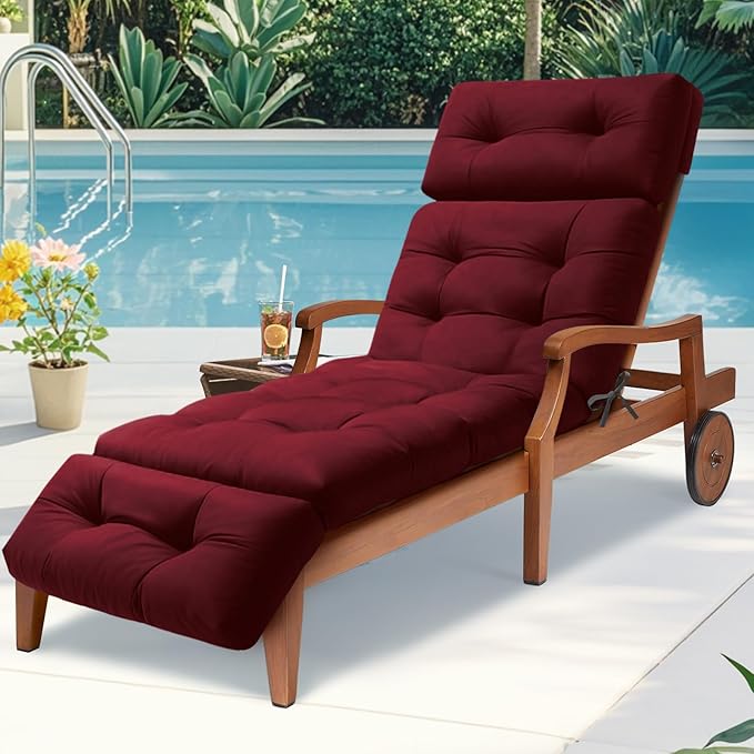 Chaise Lounge Cushions Outdoor Waterproof Lounger Chair Cushion Chaise Chair Cushions with Ties, Patio Recliner Thickened Lounge Chair Cushions for Indoor 74.4 x 22 x 4.7 Inches, Cushion Only(Red)
