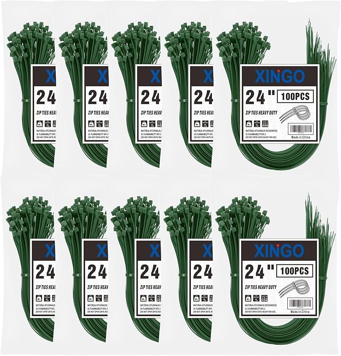 XINGO 1000 PCS 24 Inch Garden Green Zip Ties Heavy Duty, 60lb Tensile Strength, UV Resistant Cable Ties for indoor and outdoor use