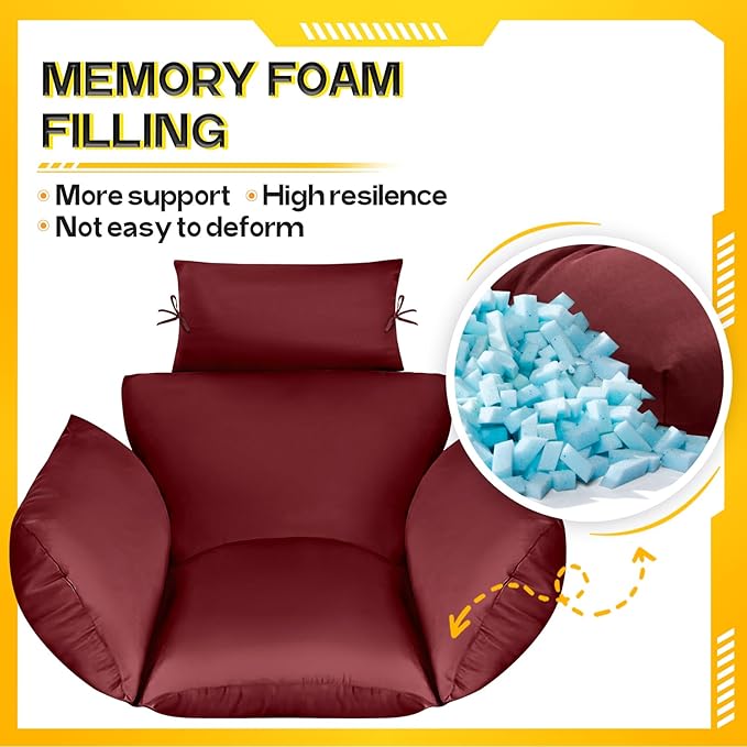MAGIC ELEPHANT Egg Chair Cushion, Memory Foam Indoor Outdoor Hanging Egg Chair Cushion Replacement, Patio Basket Swing Cushion with Headrest (Red)