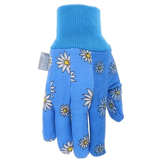 MUD Basic Women's PVC Dotted Palm And Daisy Printed Jersey Garden Glove, Extreme Comfort, Excellent Grip, Durable Wear, Blue, Medium/Large (M61001B-WML),MD61001B-WML (Pack of 3)