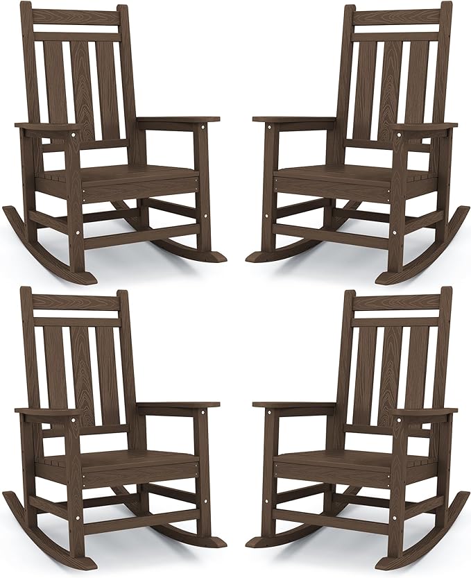 KINGYES Oversized Outdoor Rocking Chair Set of 4, All-Weather Patio Rocking Chairs for Porch, HDPE Outdoor Patio Rockers with High Back & Wide Seat for Garden, Lawn, Brown