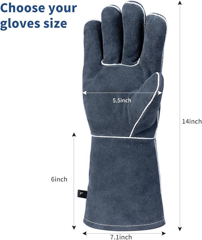Welding Gloves Fire Heat Resistant Fireproof Leather for Welding Fire Pit Wood Stove Campfire Furnace BBQ Baking,Grill Oven Stick Mig Tig Gear L