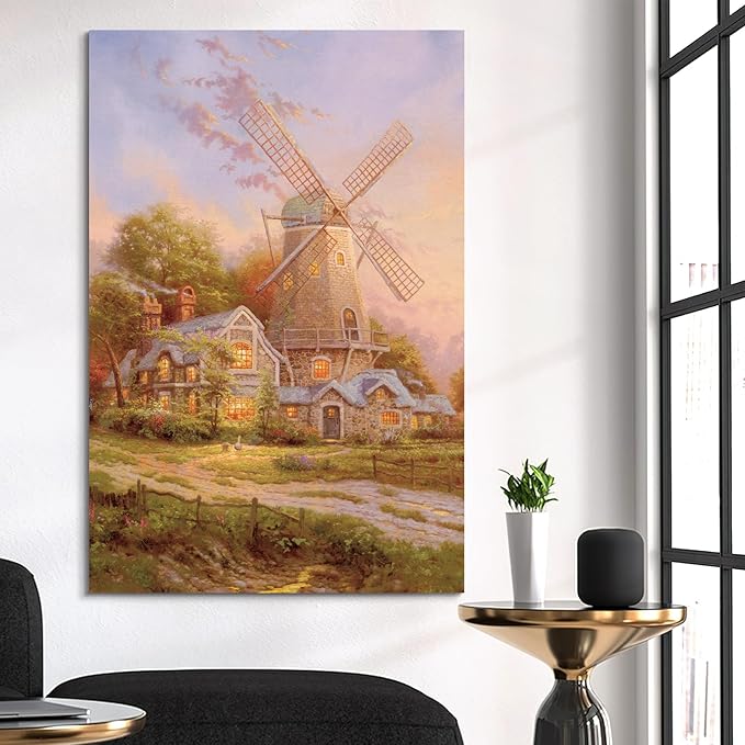 STUDIO HAVEN Thomas Kinkade Canvas Wall Art, Stone Country Home Glowing Windows Lush Gardens Oil Painting Fairytale Poster Charming Rural Wall Decor, Framed Prints for Home Decor, 16x24Inch