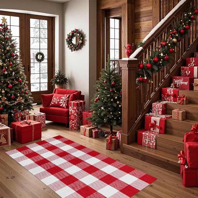 MUBIN Red White Plaid Plaid Rug 2x4 ft Outdoor Buffalo Checked Rug Halloween Christmas Decor Cotton Reversible Hand-Woven Indoor Washable Front Porch Rugs for Layered Front Door Mats