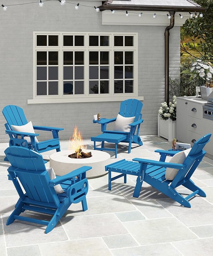 Adjustable Adirondack Chair with Retractable Ottoman Set of 8, HDPE Folding Adirondack Chair with Cup Holder, All Weather Fire Pit Chair for Outdoor.