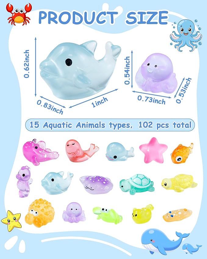 FIVEIZERO 102PCS Luminous Mini Resin Aquatic Animals Bulk - 15 Styles Glow in The Dark Plastic Tiny Sea Creatures for Dollhouse, Fairy Garden, Aquarium, Party Favors & DIY Craft Decor