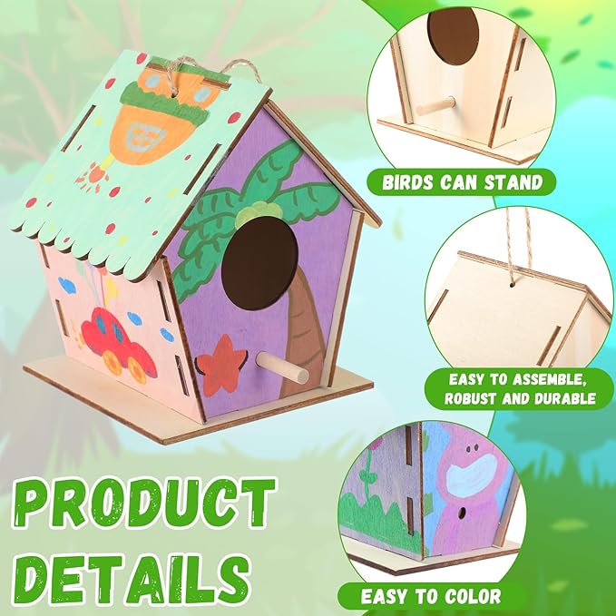 48 Pack 4.3" Wooden Bird Houses Bulk for Kids with Front Perch Peg, DIY Kid Art Craft Outdoor Birdhouse Kit Unfinished Hanging Birdhouse Class Activity for Girls Boys to Build and Paint