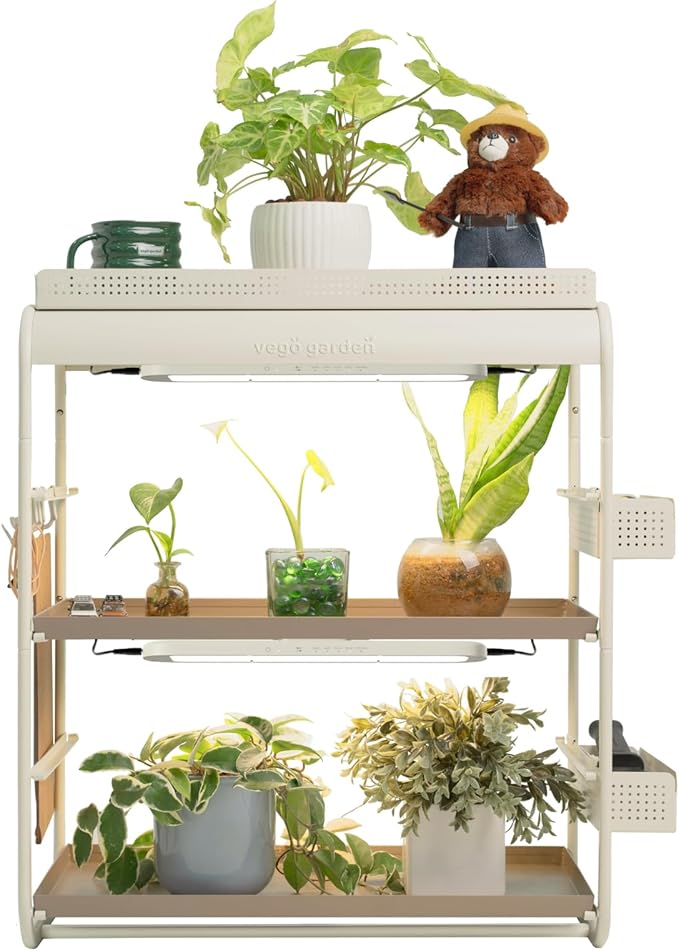 Vego garden 2 Tier Tabletop Metal Corner Plant Stand Indoor with Grow Light, Full Spectrum LED Grow Light, Plant Rack for Seed Starting, Leafy, Herbs, Fruits & Microgreens