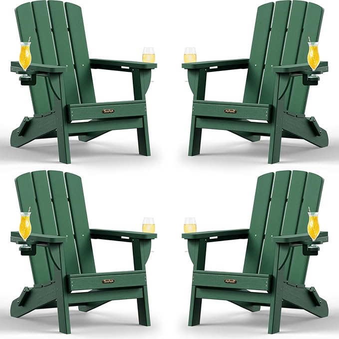 Folding Adirondack Chair 4 Pack, HDPE All-Weather Fire Pit Chairs, Plastic Adirondack Chairs with 2 Cup Holder, Outdoor Lawn Chair for Patio Garden (Green)