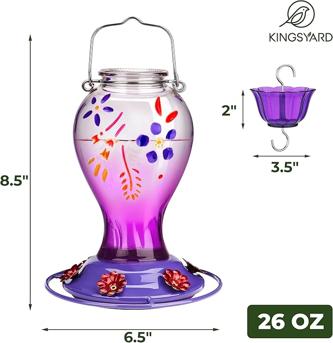 Kingsyard Glass Hummingbird Feeder for Outdoors Hanging - 26 oz Leak Proof Nectar Feeder with 6 Feeding Ports & Ant Moat for Garden Backyard Decor, Purple
