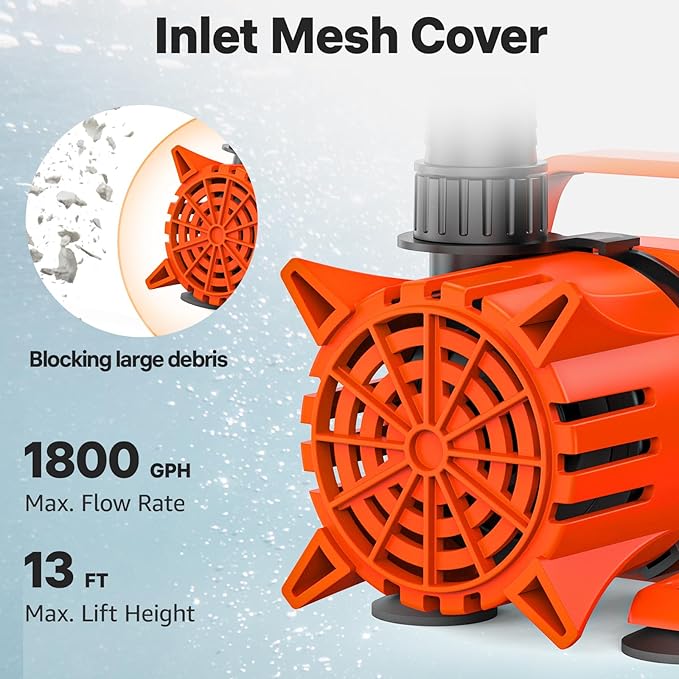 DOKO 1800GPH Submersible Water Pump, 180° Ajustable Pond Pump with 20FT Power Cord 100W Ultra Quiet Aquarium Pump for Pond, Fountain, Waterfall, Fish Tank, Hydroponic, Statuary, Orange Black