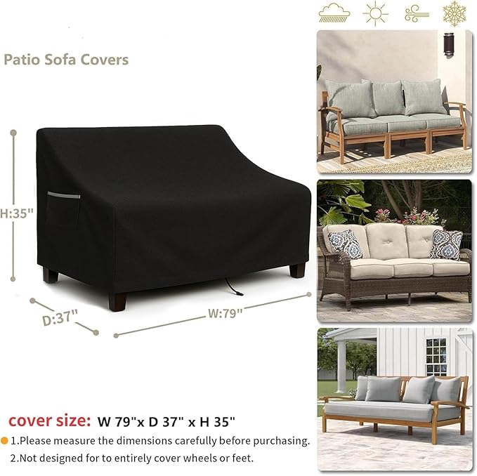 Outdoor Sofa Cover, Waterproof Patio Furniture Cover 78.7W x 38.2D x 35H inches Heavy Duty 600D Oxford Fabric Black