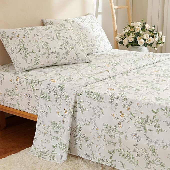 Botanical Bed Sheets Queen Size 4 Piece Sheet Set, Sage Green Floral Shabby Chic Leaves Pattern Printed Coquette Aesthetic Bedding, Deep Pocket, Soft Microfiber