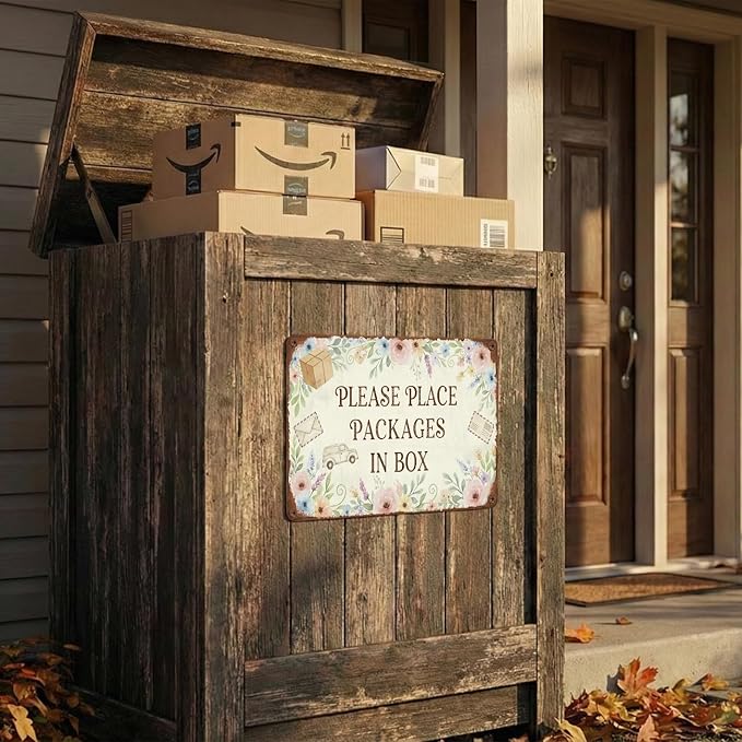 Floral Delivery Tin Sign - "Please Place Packages in Box" - Vintage Watercolor Floral Porch Decor - Universal Instruction Plaque for All Carriers - 8x12 Rust-Free Aluminum - Polite Package Drop Off Metal Sign
