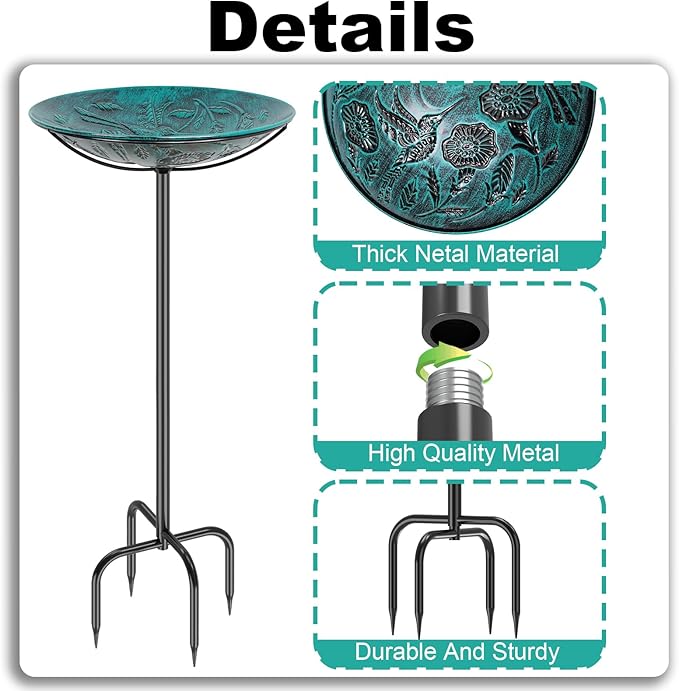 Metal Bird Bath for Outside, Vintage Freestanding Birdbaths & Birdfeeder, Bird Baths Feeder Bowl for Outdoors Garden Patio Yard Lawn Decor (Retro Blue)