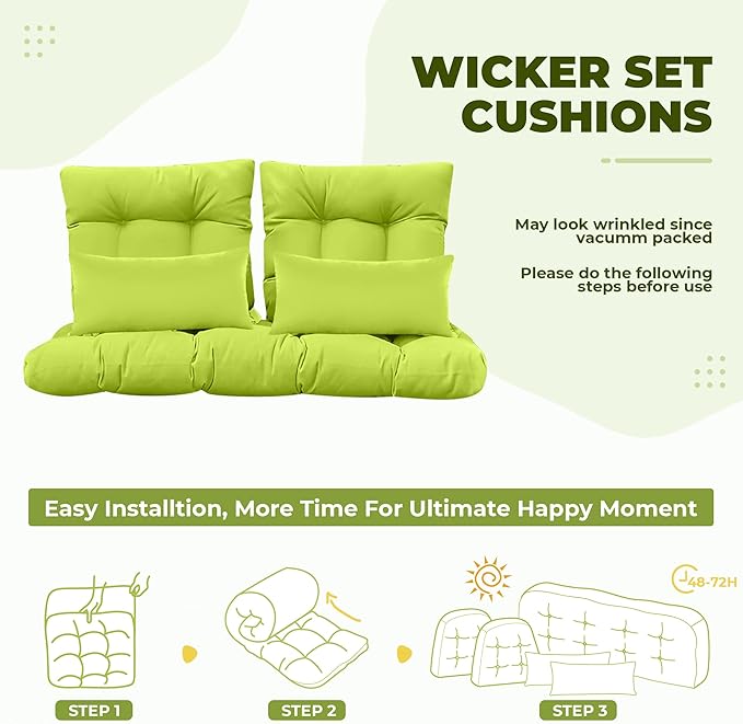 Wicker Chair Cushions of 5 Pieces, Waterproof Outdoor Loveseat Cushion for Wicker Furniture, 1 Love Seat Cushion, 2 U-Shape and 2 Lumbar Pillows for Patio Furniture (Light Green)