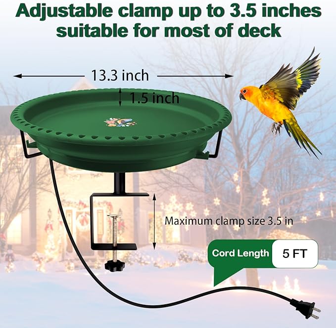 Daoeny Heated Bird Bath for Deck Railing, Upgraded 100W Heated Bird Baths for Outdoors Thermostat Control, Heated Bird Bath for Outside Winter Garden Yard Patio Decor (Green)