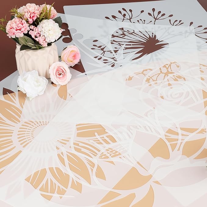9 Pcs Large Flower Stencils for Painting Reusable Floral Crafts Stencils Set for DIY Drawing, Walls, Wood Signs, Window, Garden Fence Furniture