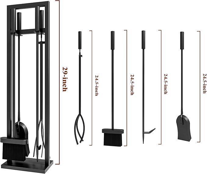 5 Pieces Fireplace Tools Set Wrought Iron Fireplace Tools with Chimney Poker, Tongs, Shovel, Brush and Stand Hearth Accessories Set, Black