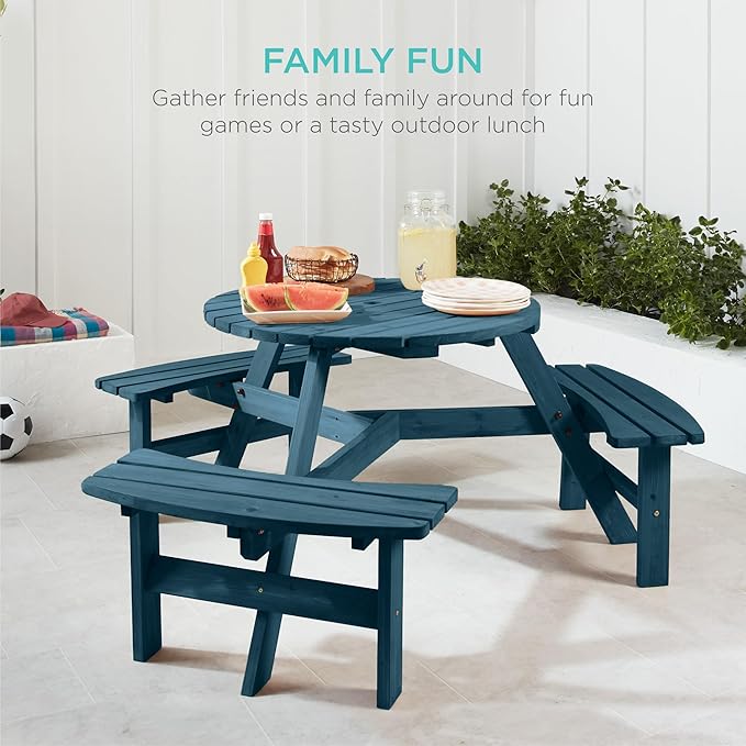 Best Choice Products 6-Person Circular Outdoor Wooden Picnic Table for Patio, Backyard, Garden, DIY w/ 3 Built-in Benches, 500lb Capacity - Harbor Blue