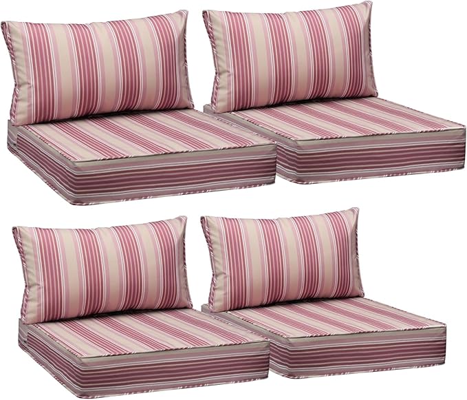 AAAAAcessories Outdoor Seat Cushions for Chairs, Fade-Resistant, Waterproof Patio Furniture Replacement Cushions, 25.5" x 25.5" x 5" + 25.5" x 13.5", Set of 4, Dusty Rose Garden Stripe